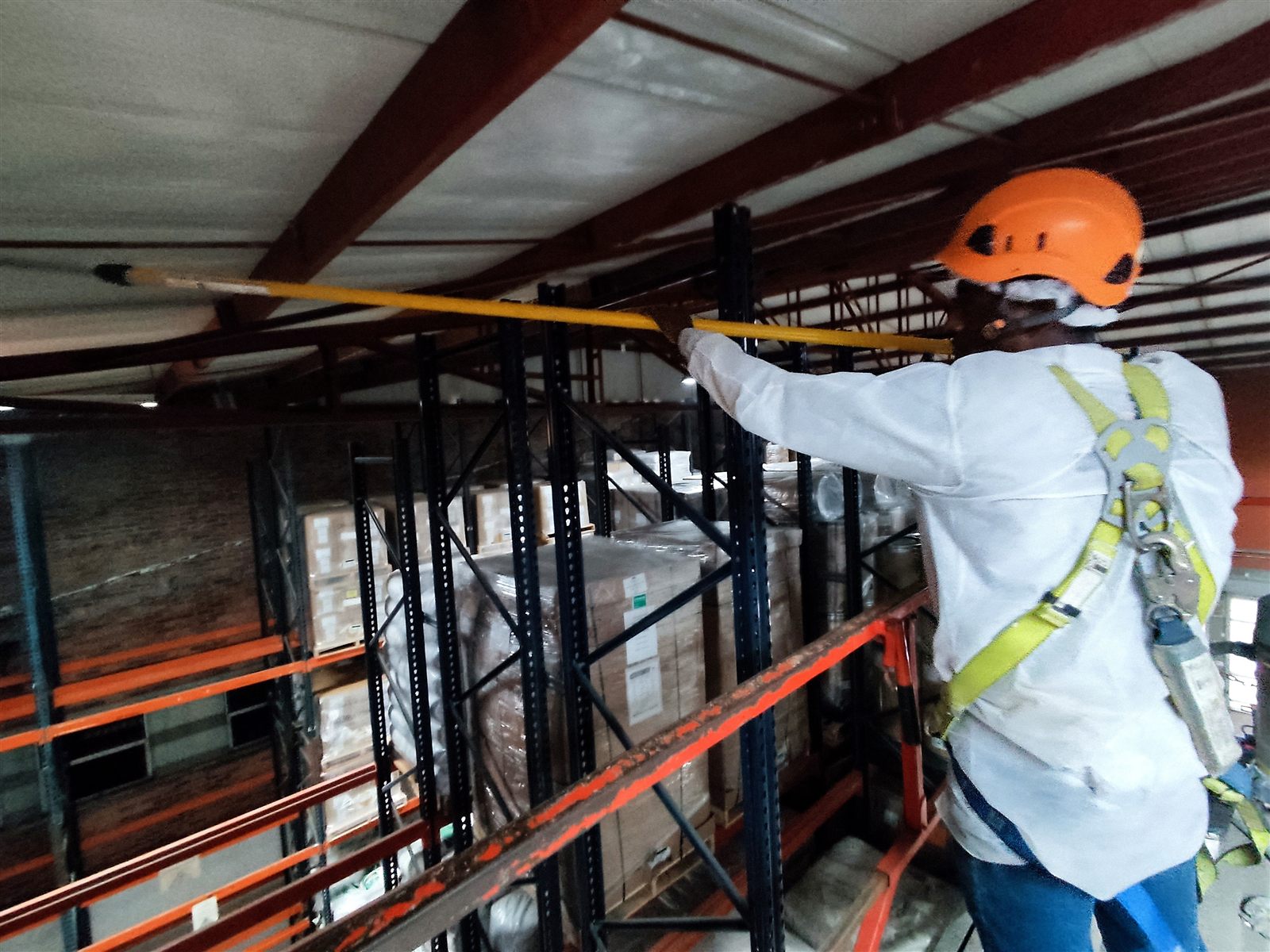 Operario limpiando estructura interior de bodega